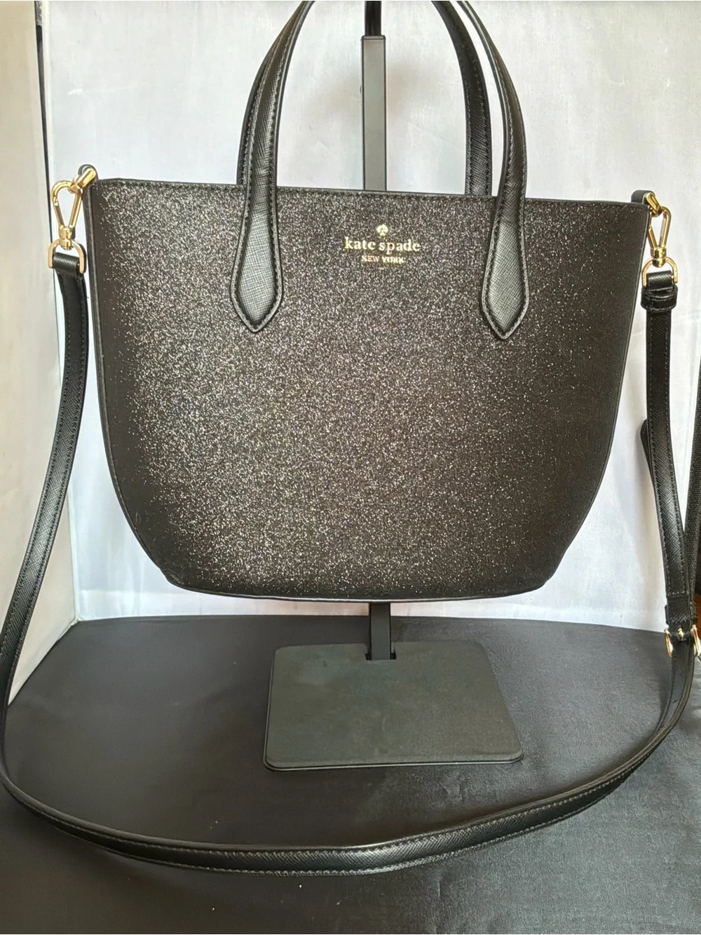 kate spade Black Glitter Tote with Gold Logo